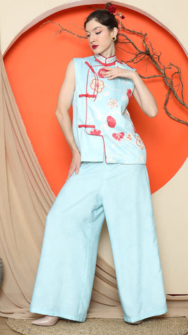 BLUE CHONGSAM FLORAL VEST with PANT SET