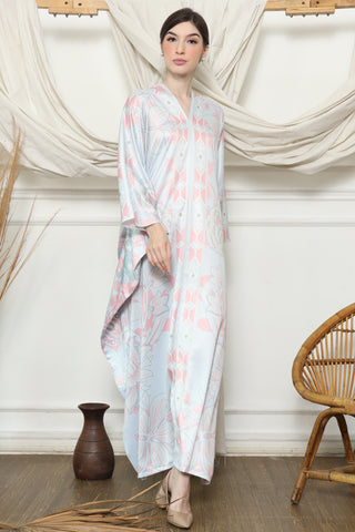 Blue Pink Tropical Flower Long Kaftan