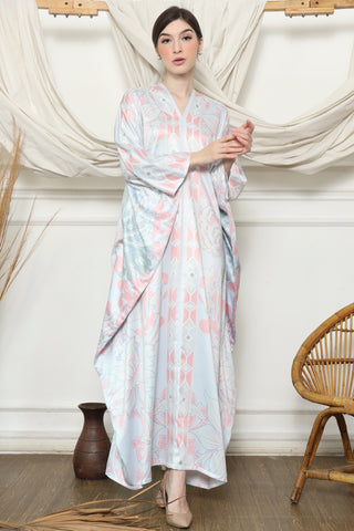 Blue Pink Tropical Flower Long Kaftan