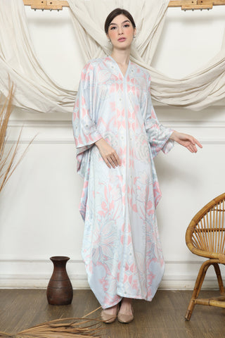 Blue Pink Tropical Flower Long Kaftan