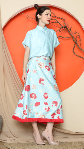 BLUE JACQUARD QIPAO SHIRT with FLORAL SKIRT