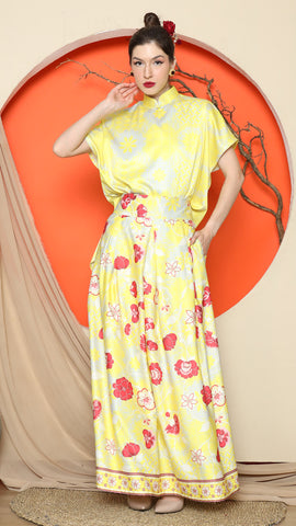 YELLOW JACQUARD QIPAO SHIRT with FLORAL SKIRT