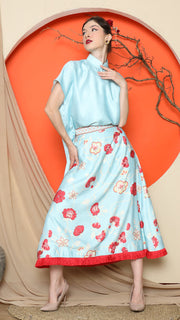 BLUE JACQUARD QIPAO SHIRT with FLORAL SKIRT