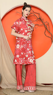 RED FLORAL CHONGSAM PANT SET