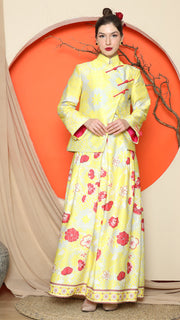 YELLOW FLORAL JACQUARD JACKET with SKIRT SET