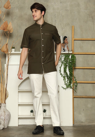 Brown Mandarin Collar Shirt