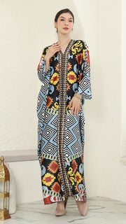 Blue Tribal Ikat Long Sleeve Kaftan