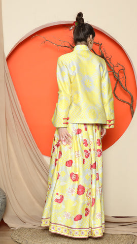 YELLOW FLORAL JACQUARD JACKET with SKIRT SET