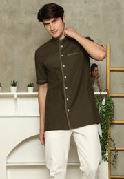 Brown Mandarin Collar Shirt