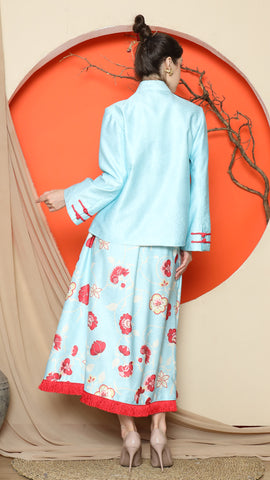 BLUE FLORAL JACQUARD JACKET with SKIRT SET