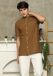 Coffee Mandarin Collar Shirt