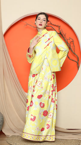 YELLOW FLORAL JACQUARD JACKET with SKIRT SET