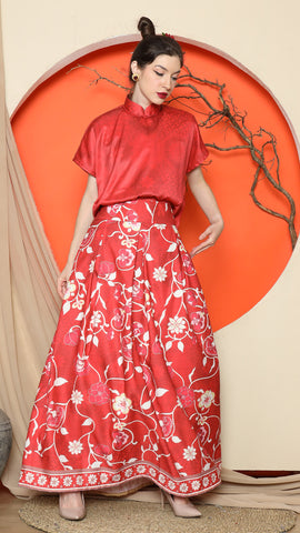 RED JACQUARD QIPAO SHIRT with FLORAL SKIRT