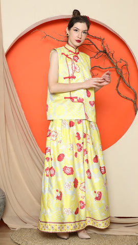 YELLOW CHONGSAM FLORAL VEST with FLORAL SKIRT