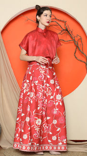 RED JACQUARD QIPAO SHIRT with FLORAL SKIRT