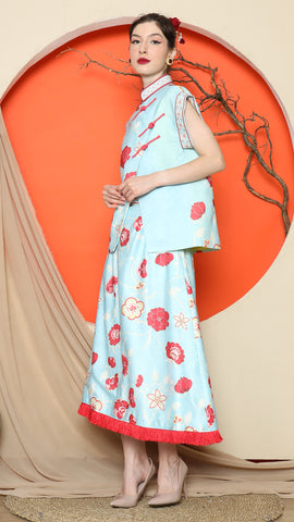 BLUE CHONGSAM FLORAL VEST with SKIRT SET