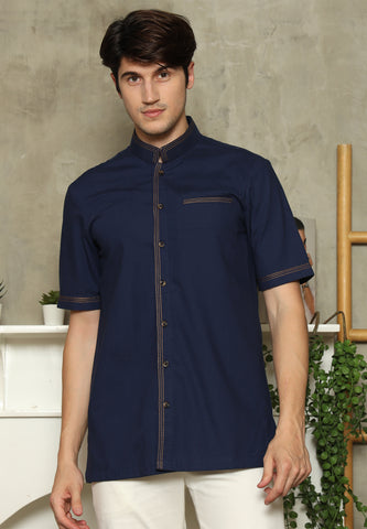Navy Blue Mandarin Collar Shirt
