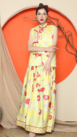 YELLOW CHONGSAM FLORAL VEST with FLORAL SKIRT