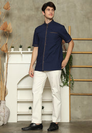 Navy Blue Mandarin Collar Shirt