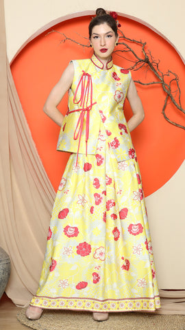 YELLOW CHEONGSAM VEST FLORAL with FLORAL SKIRT