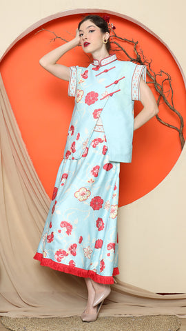 BLUE CHONGSAM FLORAL VEST with SKIRT SET