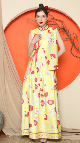 YELLOW CHEONGSAM VEST FLORAL with FLORAL SKIRT