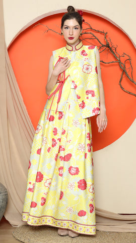 YELLOW CHEONGSAM VEST FLORAL with FLORAL SKIRT