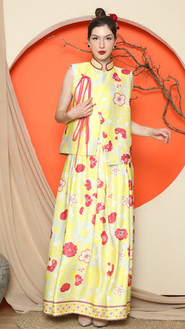 YELLOW CHONGSAM VEST FLORAL with FLORAL SKIRT