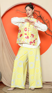 YELLOW FLORAL SIDE BUTTON VEST with  PANTS SET