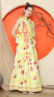 YELLOW CHEONGSAM VEST FLORAL with FLORAL SKIRT