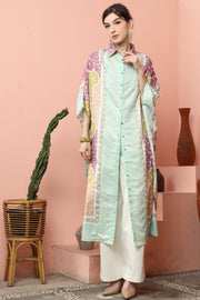 Green Geometric Kanzi 3/4 Sleeve Traditional Collared Kaftan