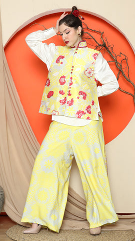 YELLOW FLORAL SIDE BUTTON VEST with  PANTS SET