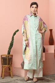 Green Geometric Kanzi 3/4 Sleeve Traditional Collared Kaftan