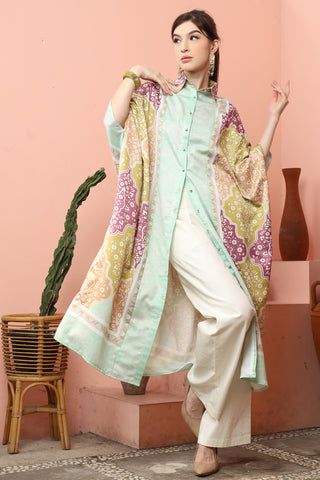 Green Geometric Kanzi 3/4 Sleeve Traditional Collared Kaftan