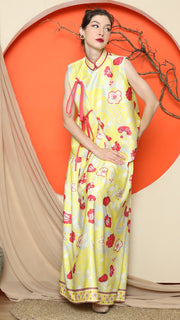 YELLOW CHEONGSAM VEST FLORAL with FLORAL SKIRT