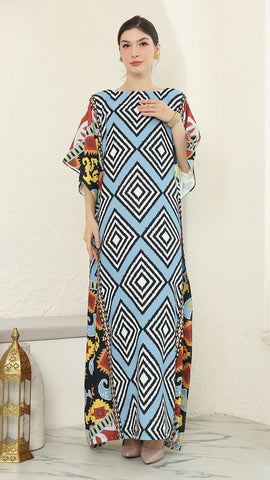 Blue Tribal Ikat Short Sleeve Kaftan