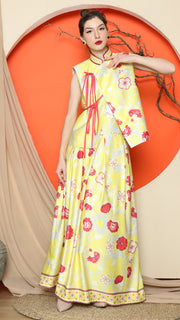 YELLOW CHEONGSAM VEST FLORAL with FLORAL SKIRT