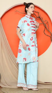 BLUE FLORAL CHONGSAM PANT SET