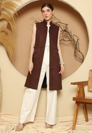 Brown Linen Vest With Detail Stich