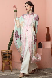 Pink Geometric Kanzi 3/4 Sleeve Traditional Collared Kaftan