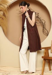 Brown Linen Vest With Detail Stich