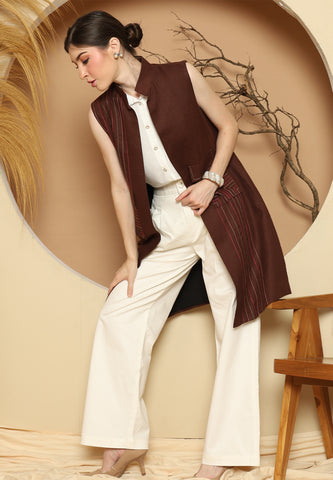 Brown Linen Vest With Detail Stich