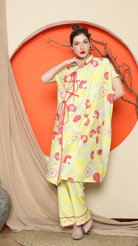 YELLOW ORIENTAL FLORAL CHEONGSAM PANT SET