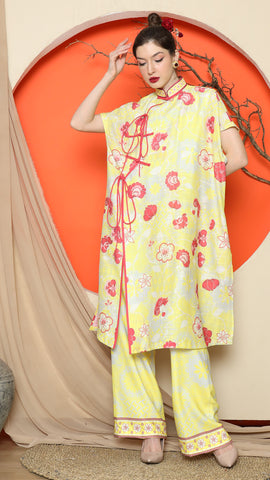 YELLOW ORIENTAL FLORAL CHEONGSAM PANT SET