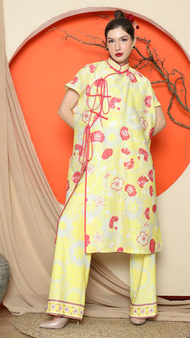 YELLOW ORIENTAL FLORAL CHEONGSAM PANT SET