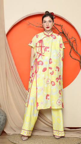 YELLOW ORIENTAL FLORAL CHEONGSAM PANT SET