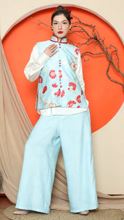 BLUE FLORAL SIDE BUTTON VEST with  PANTS SET