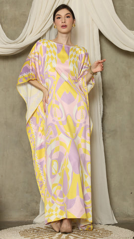 Yellow Pink Short Sleeve Abstract Kaftan