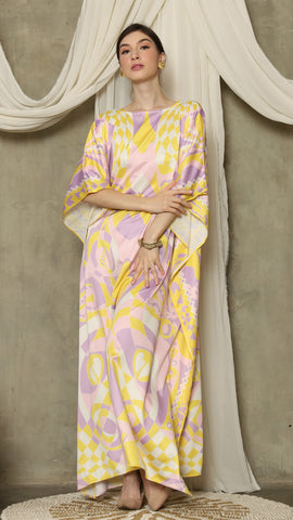 Yellow Pink Short Sleeve Abstract Kaftan