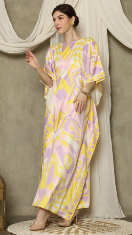 Yellow Pink Short Sleeve Abstract Kaftan